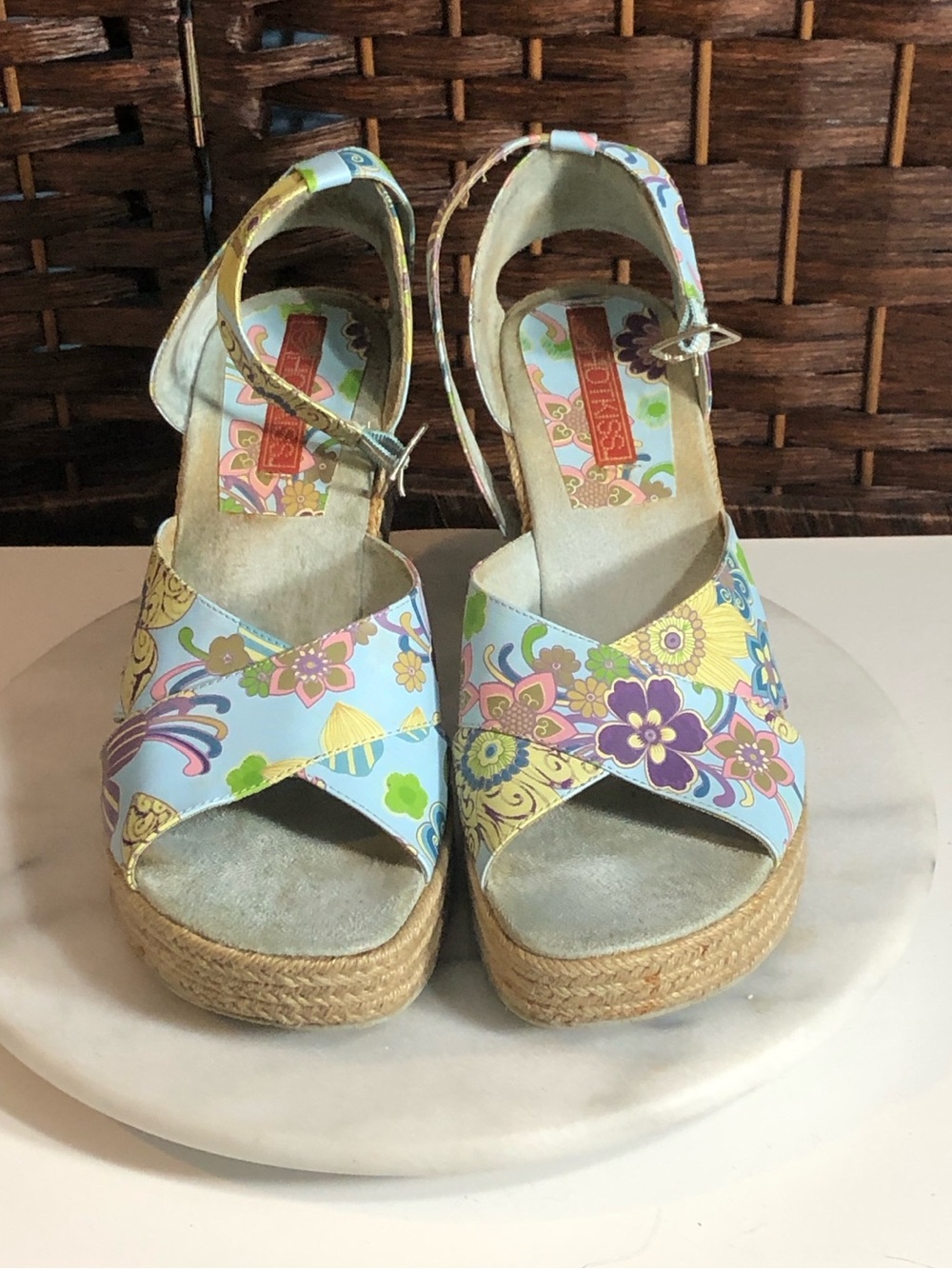 Hot Kiss Pastel Floral Light Blue Platform Wedge Sandals Size 9 Boho Vacation